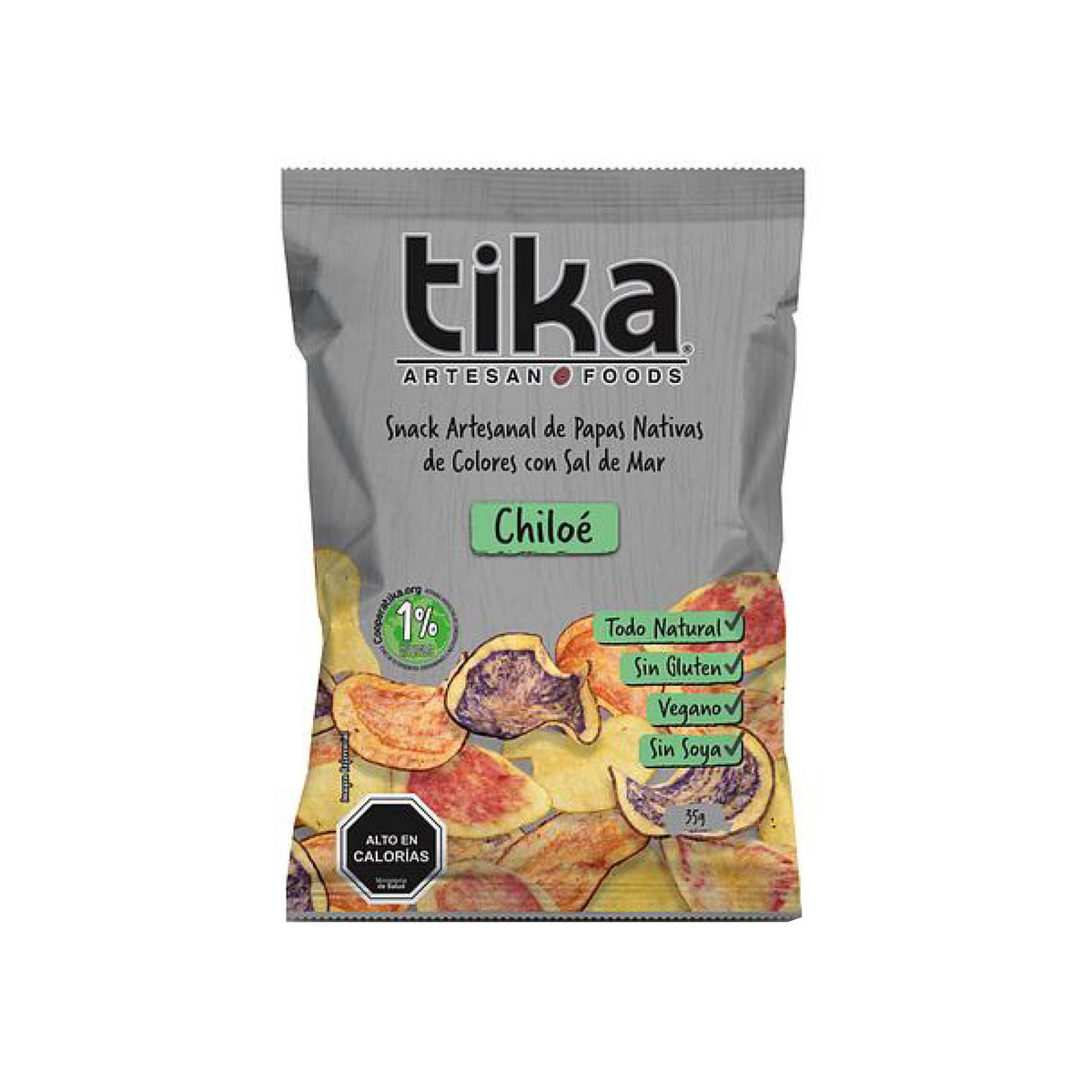 Papas fritas - snack saludables a domicilio en Santiago. Tika Chiloé 35 g, chips crujientes de papas nativas de colores del sur de Chile, veganos y libres de gluten