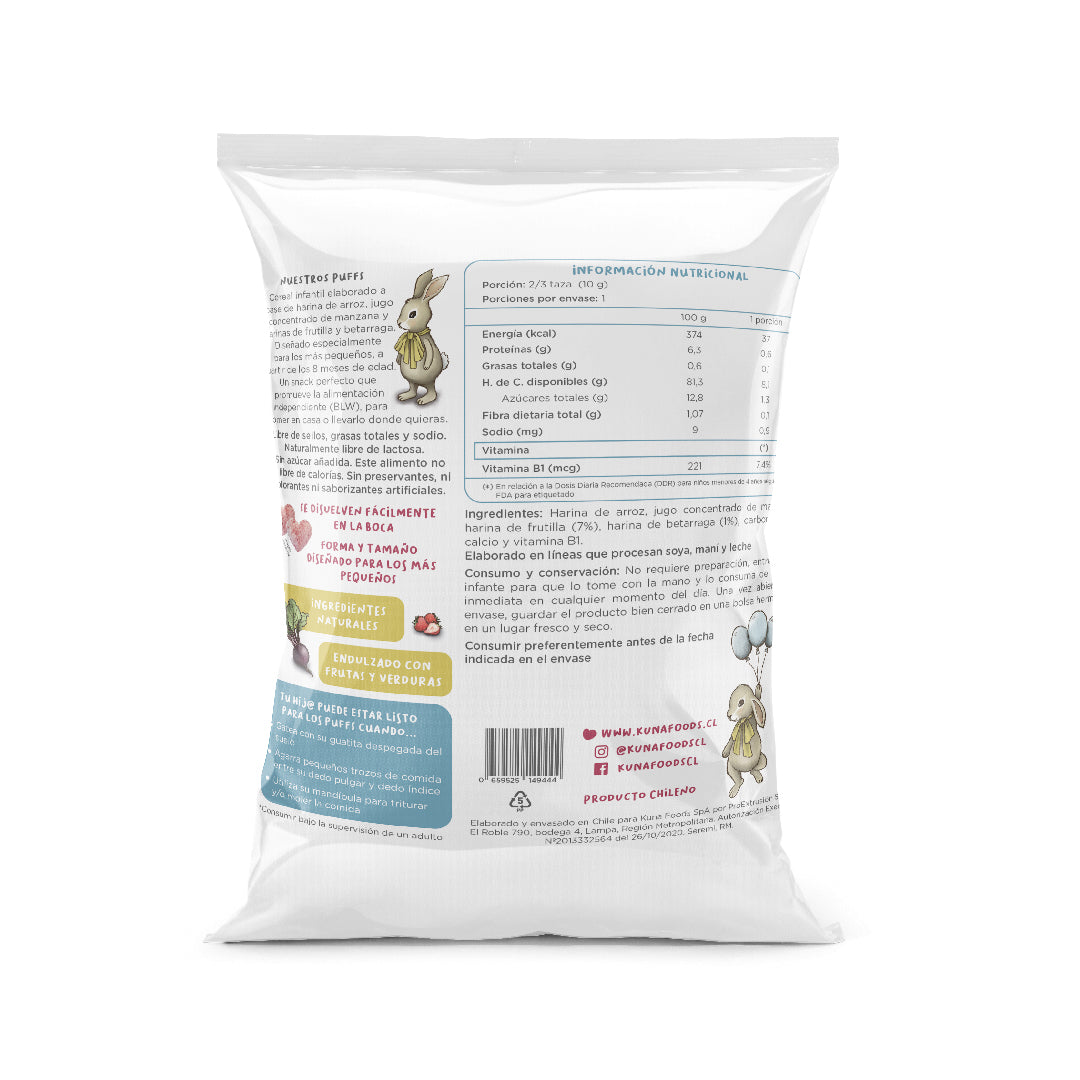 Puffs Frutilla Betarraga Kuna Foods 10 g, snack infantil sin azúcar añadida y libre de gluten