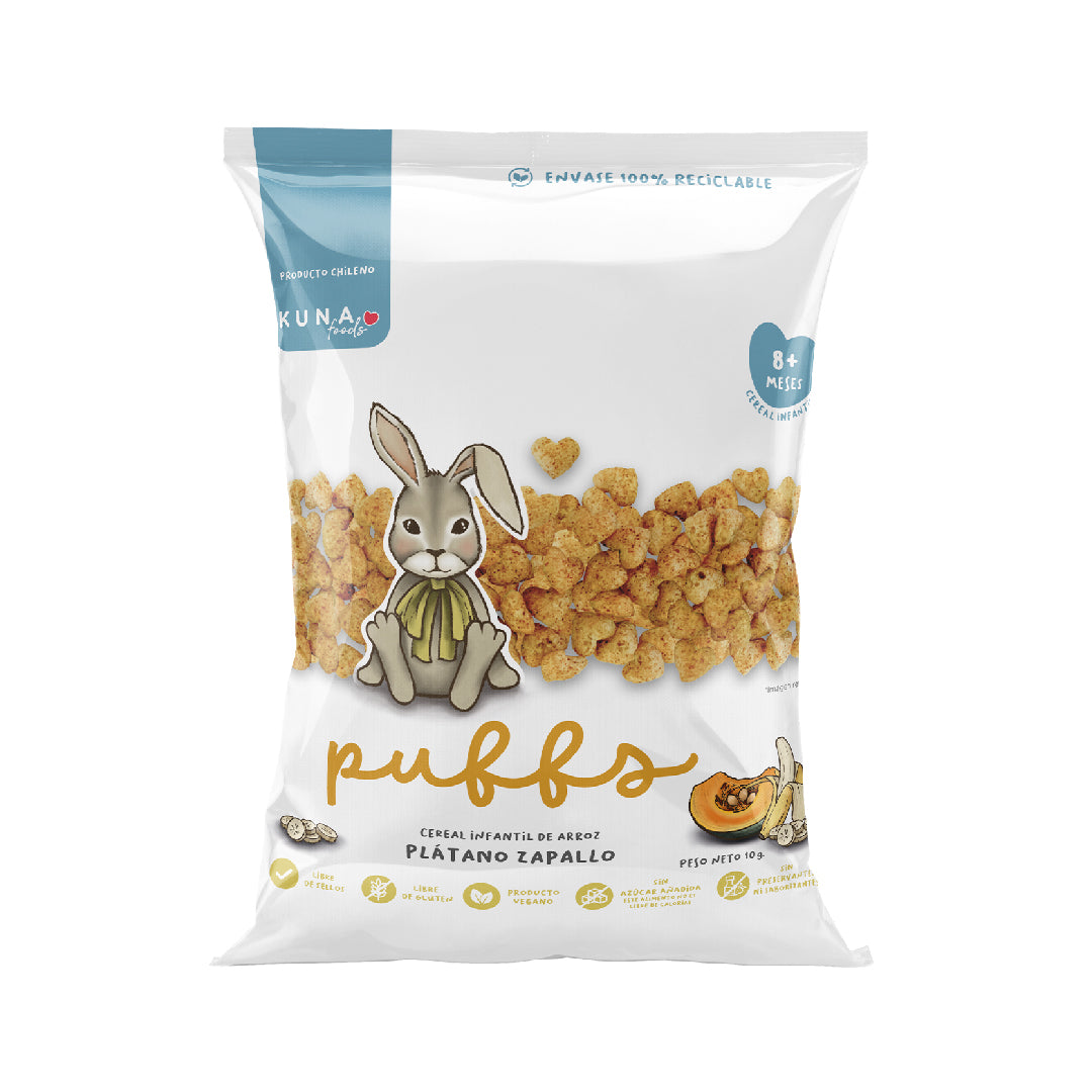 Snack saludable a domicilio en santiago. Puffs Plátano Zapallo Kuna Foods 10 g, snack infantil sin azúcar añadida, libre de gluten y sin sellos