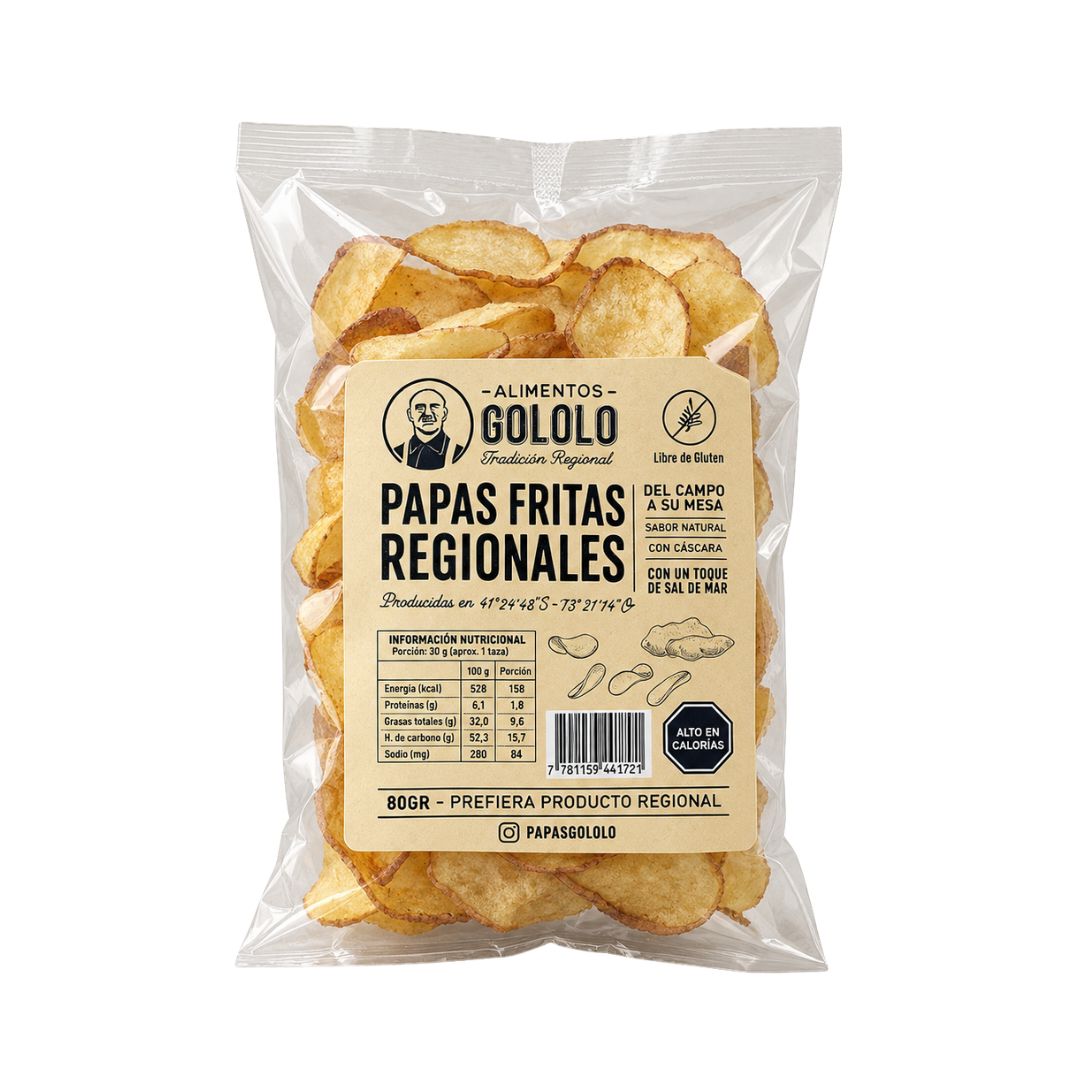 Papas Fritas Regionales Gololo 80 g, elaboradas con papas del sur de Chile, fritas con piel y sal de mar