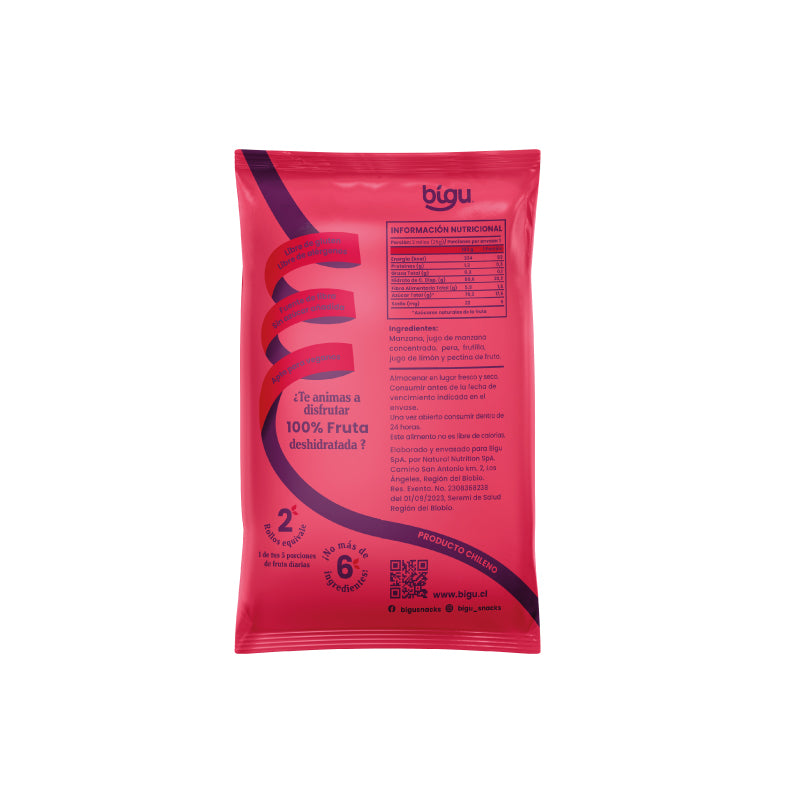 Snack saludables a domicilio en Santiago.Rollos de fruta Bigu sabor frutilla 25 g, envase individual con 2 rollitos, sin azúcar añadida y libres de gluten