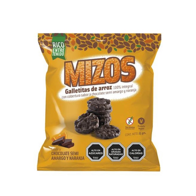 Galletas de arroz Mizos Chocolate Naranja 25 g, snack crujiente con cobertura sabor chocolate amargo, sin gluten