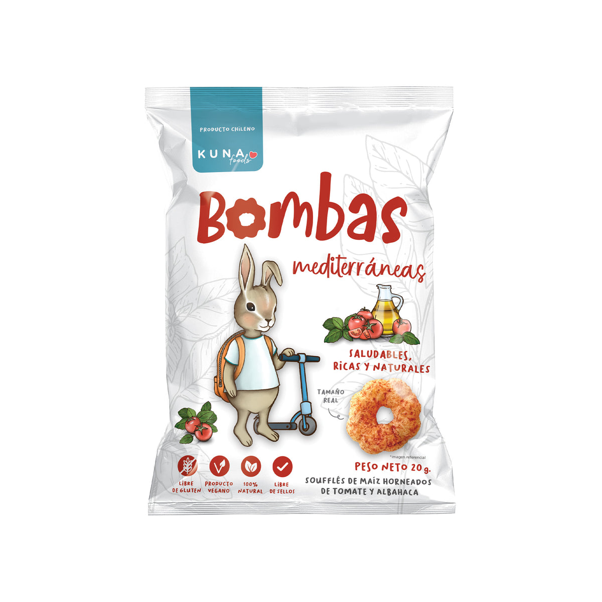 Bombas Mediterráneas Kuna Foods 20 g, snack de maíz horneado con tomate y albahaca, sin gluten y sin sellos