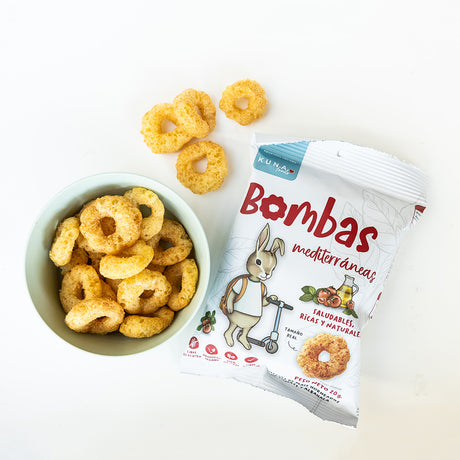 Bombas Mediterráneas Kuna Foods 20 g, snack de maíz horneado con tomate y albahaca, sin gluten y sin sellos