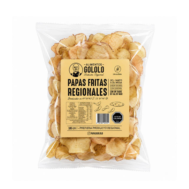 Papas Fritas Regionales Gololo 185 g, elaboradas con papas del sur de Chile, fritas con piel y sal de mar, formato para compartir