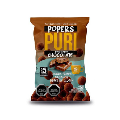 Puri Popers Cacao 25 g, snack crujiente de maíz horneado con cacao, vegano y libre de gluten