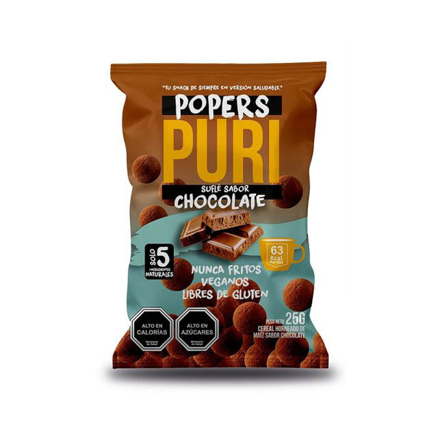 Puri Popers Cacao 25 g, snack crujiente de maíz horneado con cacao, vegano y libre de gluten