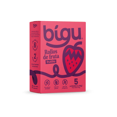 Rollos de fruta Bigu sabor frutilla 125 g, caja de 5 paquetes individuales, sin azúcar añadida y libres de gluten