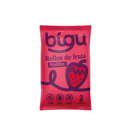Snack saludables a domicilio en Santiago.Rollos de fruta Bigu sabor frutilla 25 g, envase individual con 2 rollitos, sin azúcar añadida y libres de gluten