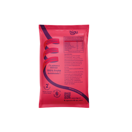 Snack saludables a domicilio en Santiago.Rollos de fruta Bigu sabor frutilla 25 g, envase individual con 2 rollitos, sin azúcar añadida y libres de gluten
