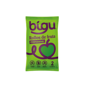Snack saludable a domicilio en Santiago. Rollos de fruta Bigu sabor manzana 25 g, envase individual con 2 rollitos, sin azúcar añadida y libres de gluten
