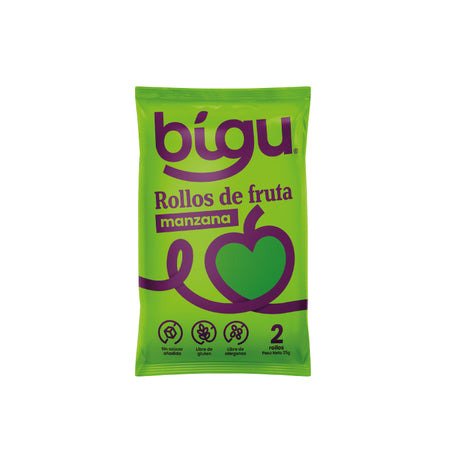 Snack saludable a domicilio en Santiago. Rollos de fruta Bigu sabor manzana 25 g, envase individual con 2 rollitos, sin azúcar añadida y libres de gluten