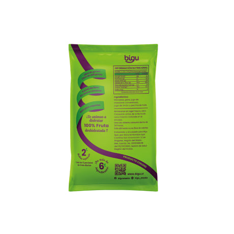 Snack saludable a domicilio en Santiago. Rollos de fruta Bigu sabor manzana 25 g, envase individual con 2 rollitos, sin azúcar añadida y libres de gluten