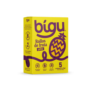 Rollos de fruta Bigu sabor piña 125 g, caja de 5 paquetes individuales, sin azúcar añadida y libres de gluten