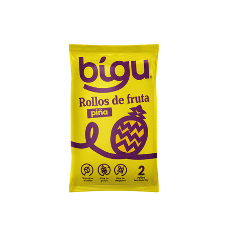 Snack saludables a domicilio en Santiago. Rollos de fruta Bigu sabor piña 25 g, envase individual con 2 rollitos, sin azúcar añadida y libres de gluten