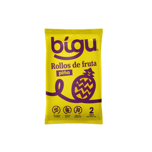 Snack saludables a domicilio en Santiago. Rollos de fruta Bigu sabor piña 25 g, envase individual con 2 rollitos, sin azúcar añadida y libres de gluten