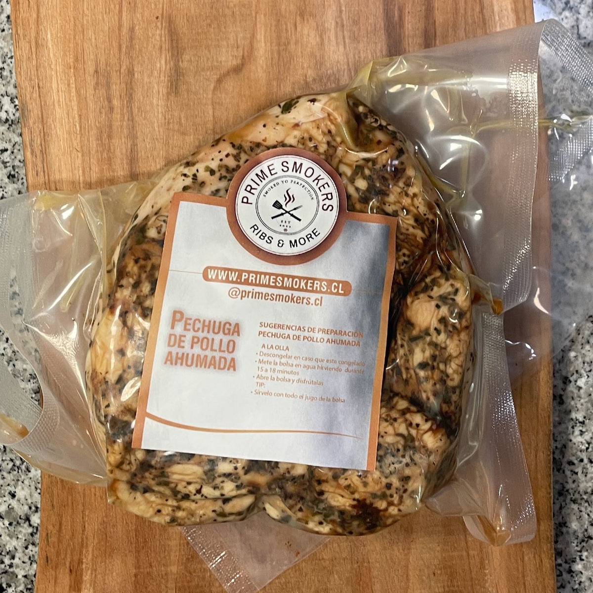 Smoked Chicken Prime Smokers 650 g congelado, pollo ahumado y cocido lentamente, listo para calentar y servir