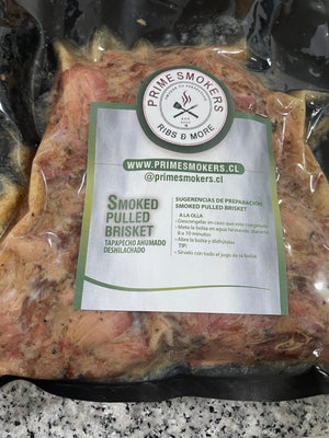 Smoked Pulled Brisket Prime Smokers 500 g congelado, tapapecho de vacuno ahumado lentamente y deshilachado, sellado al vacío