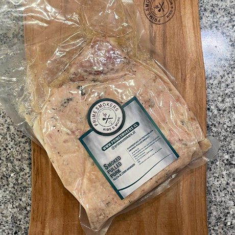 Smoked Pulled Pork Prime Smokers 500 g congelado, carne de cerdo ahumada lentamente y desmenuzada, lista para calentar y servir