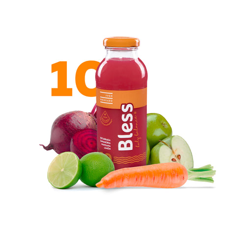 Jugo natural prensado Bless de betarraga, zanahoria, manzana y frambuesa en botella de vidrio de 1 litro
